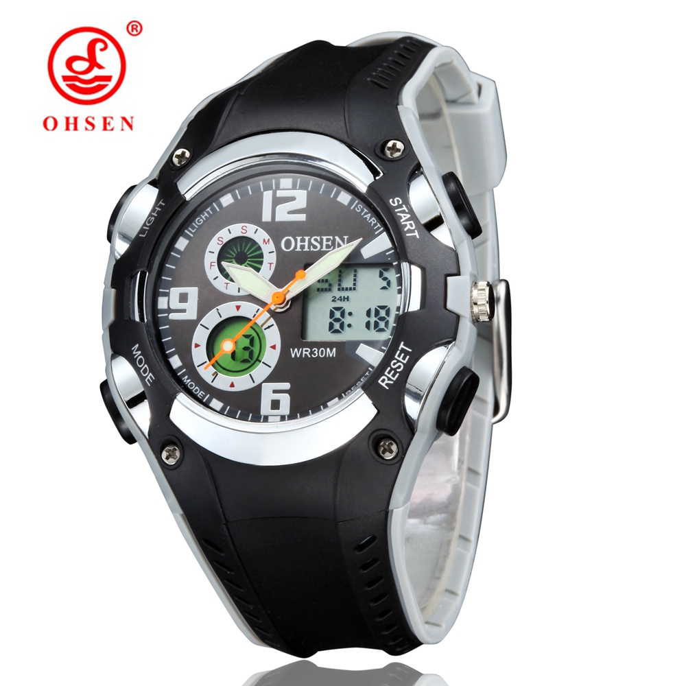 Original ohsen digital quartzo crianças meninos esporte relógios 30m à prova dwaterproof água preto borracha banda moda led natação relógio de pulso presente