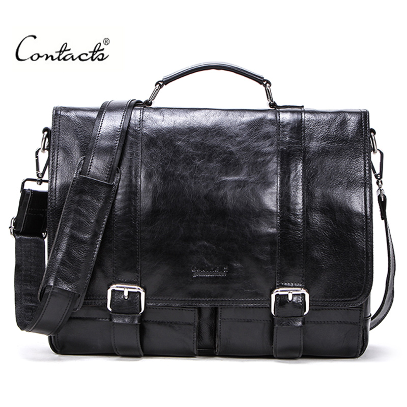 CONTACT'S-maletín de cuero vegetal para hombre, bolso de mano para ordenador portátil de 13 pulgadas, ipad grande, vintage, de negocios, color negro