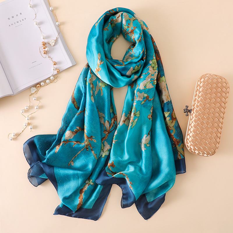 Moda marca de luxo van gogh pintura a óleo xale de seda cachecol senhora damasco floral seda turbante cabeça hijab femme envolve foulard snood