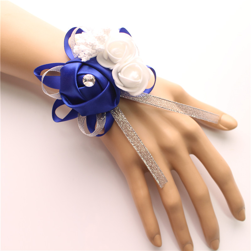 YO CHO Seidenrosen, weiße Handgelenk-Corsage, Handgelenkblumen für Brautjungfern, Blumenarmband, rosa, blau, Brautschwestern, Hochzeitsaccessoires