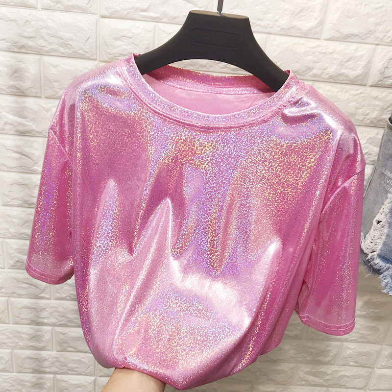 Nouvel été style rétro élégant brillant soie femme hauts brillant lâche à manches courtes t-shirt sexy club esthétique harajuku femmes t-shirt