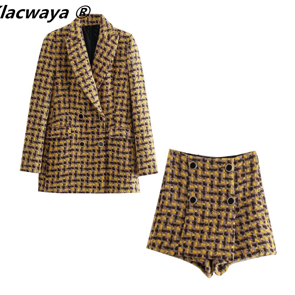 Tweed ชุดผู้หญิงชุด2021 2ชิ้นชุดชุดสตรี Double Breasted Blazer สูงเอวกระโปรงกางเกงขาสั้นลายสก๊อตผู้หญิงสูทกางเกงขาสั้น