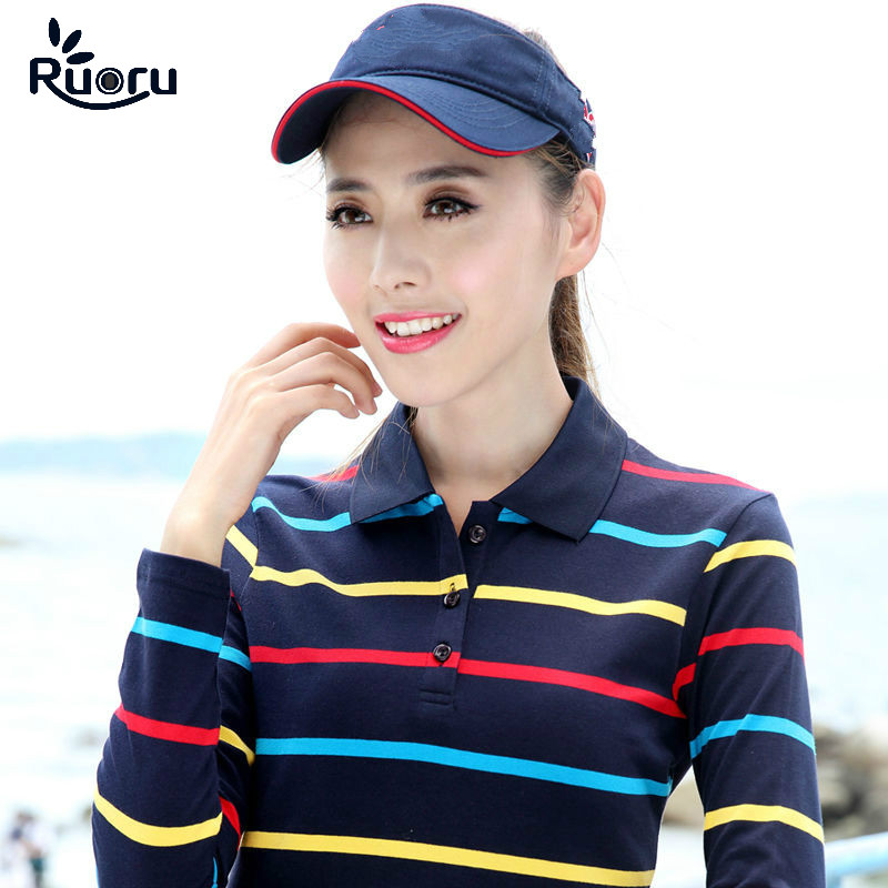 Ruoru Herbst Winter Gestreiften Polo-Shirt Tops Tees Frauen drehen-unten Kragen Langarm Baumwolle Tops Casual Top Kleidung