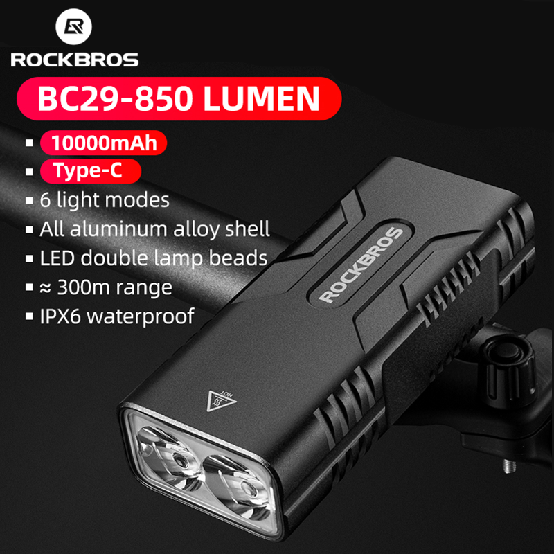 ROCKBROS feu avant de vélo 850LM haute luminosité 10000mAh phare de vélo type-c Charge IPX6 étanche accessoires de vélo vtt