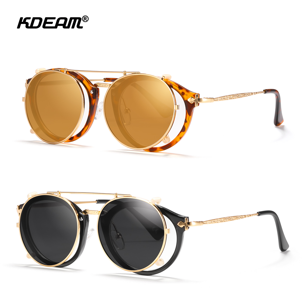 KDEAM Flip Sonnenbrille Vintage Frauen Clip Auf Objektiv Runde Sonnenbrille Weiblich Exquisite Geschnitzt Gläser Tempel Mit Zipper Fall