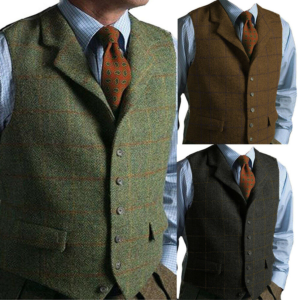 Chaleco verde para hombre, chaleco a cuadros de Tweed, traje a cuadros con solapa ajustada, chaleco vintage en espiga para padrinos de boda