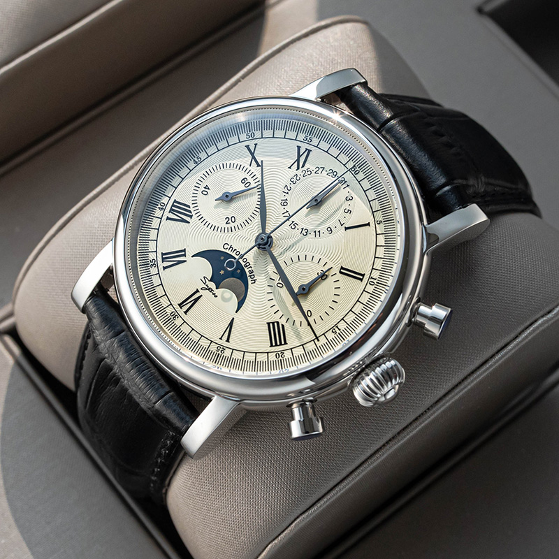 Sugess-Vintage Chronograph relógio de couro, ST1908 Movimento, mão enrolamento, mecânico, 59 rodas, Genuine Moonphase Calendário