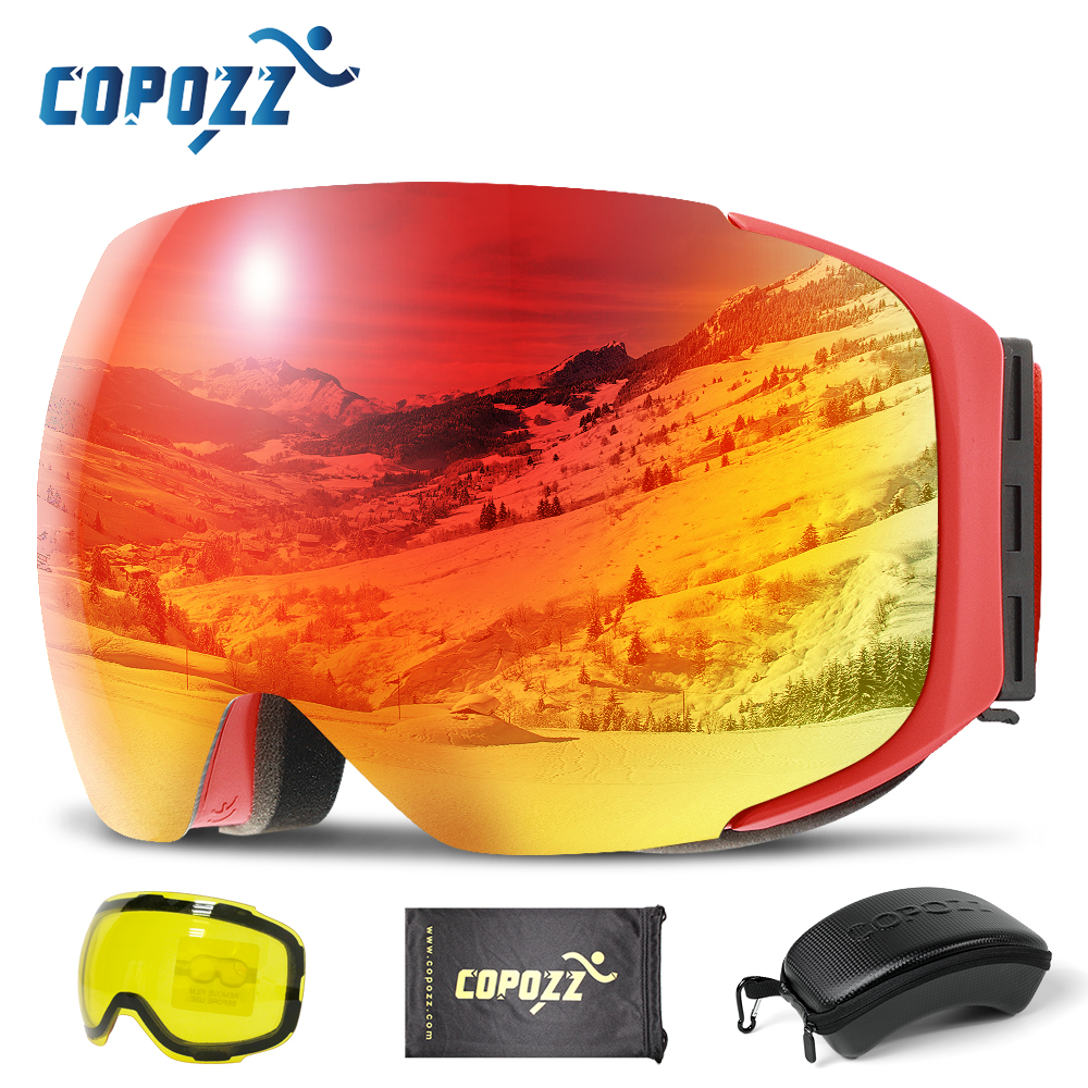 COPOZZ แว่นตาสกีแม่เหล็กพร้อมเลนส์เปลี่ยนเร็วและชุดเคส 100% UV400 ป้องกันแว่นตาสโนว์บอร์ดป้องกันหมอกสําหรับผู้ชายและผู้หญิง