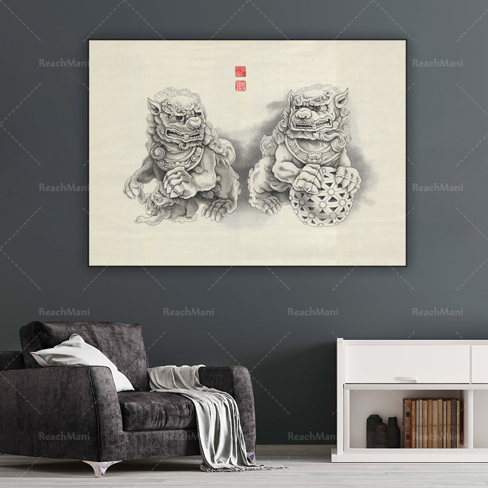 Fu Dogs Batu Singa Seni Cetak-Kanvas Cetak Terbatas-Lukisan Tinta Cina, Simbol Wali, Seni Tradisional Asia Dekorasi Poster