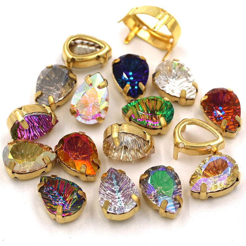 10 peças/saco de Strass de Cristal K9 em Formato de Gota com Base Dourada e Garras para Decoração de Roupas, Costura e Tecidos DIY