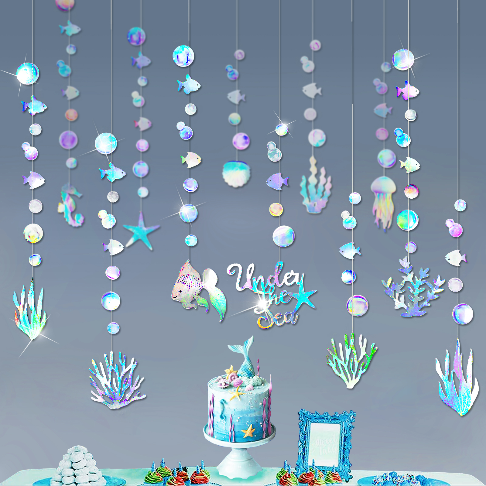 Iridescente sereia banners sob o mar festa de aniversário pendurado decorações starfish medusa bolha holográfica guirlandas decoração