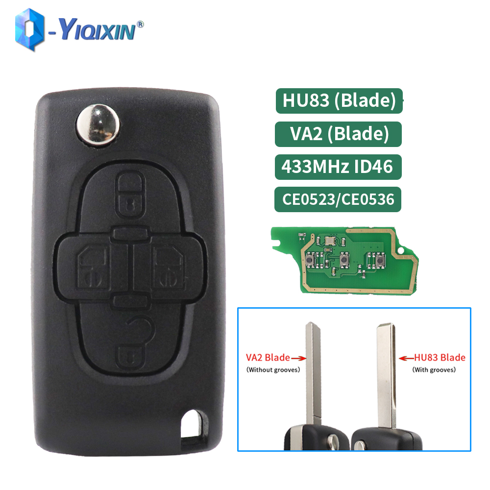 Yiqixin ce0523 pedir chave remota da aleta do carro para peugeot 807 1007 433mhz 4 botões para citroen c8 2002-2014 va2/hu82 id46 pcf7941 chip