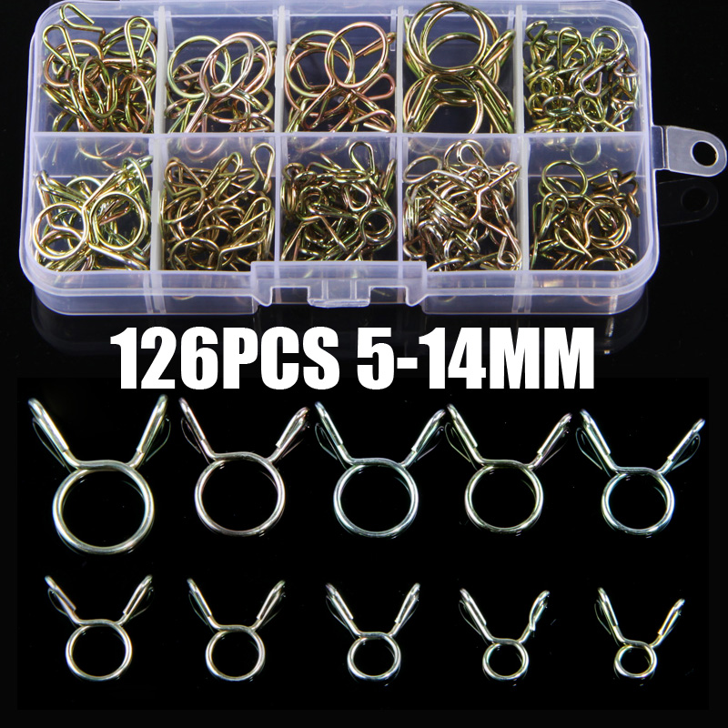 126 Uds. Abrazadera de manguera de 5mm-14mm Clips de resorte chapados en Zinc abrazadera de línea de combustible para manguera de engranaje para barcos motocicletas