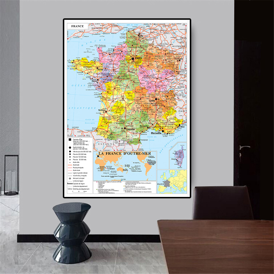 100*150Cm Thế Pháp Giao Thông Vận Tải Bản Đồ Trong Tiếng Pháp Tấm Áp Phích Lớn Không Dệt Vải Tranh Phòng Khách Nhà trang Trí Đồ Dùng Học Tập