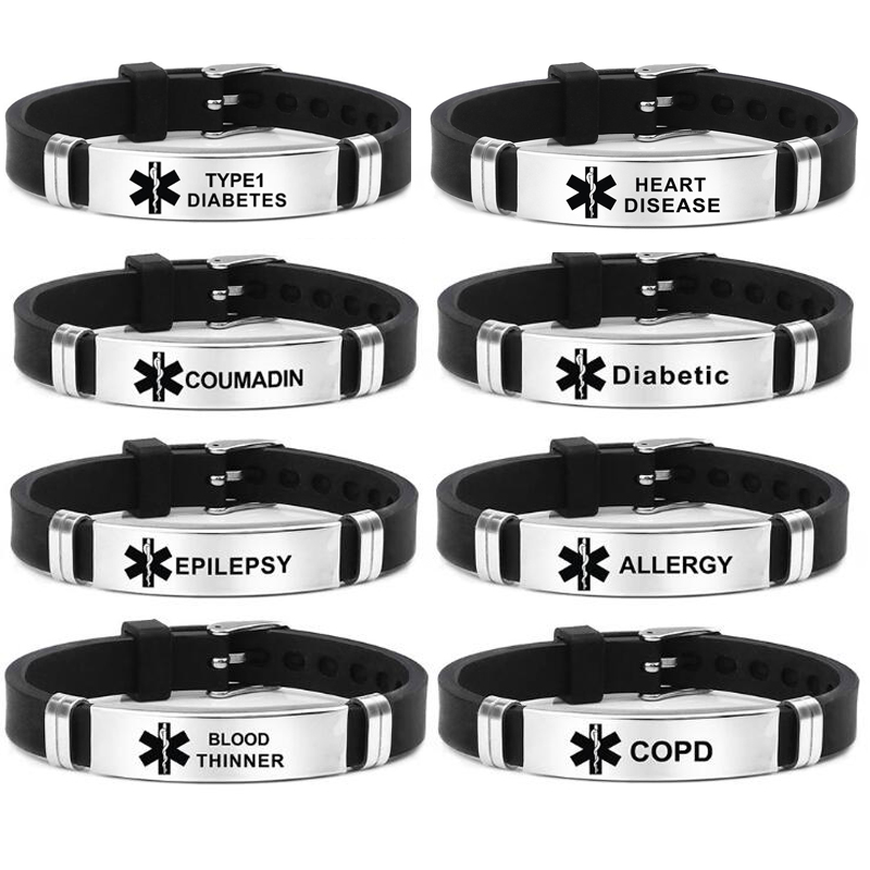 Pulsera de identificación de alerta médica para hombres y mujeres, muñequera ajustable con grabado láser tipo 1, tipo 2, para Diabetes, primeros auxilios de emergencia
