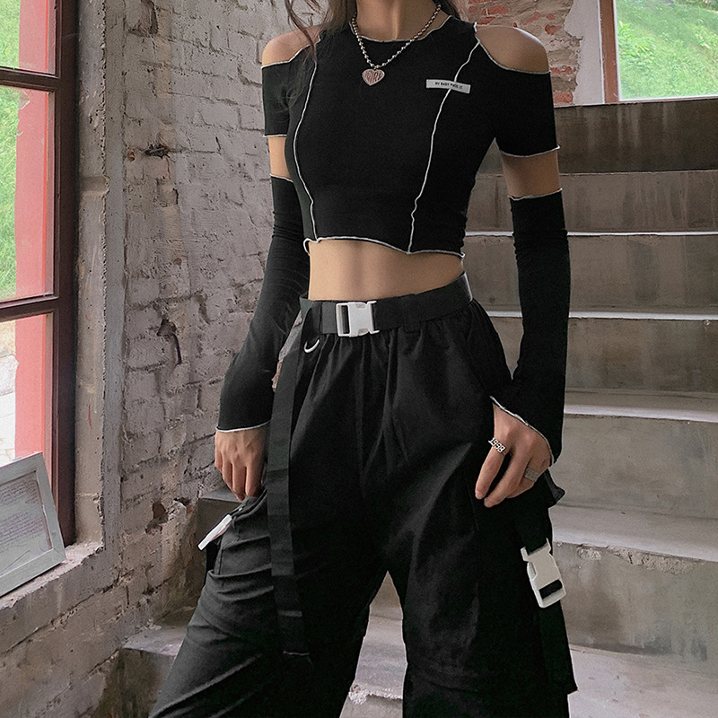 Patchwork เสื้อยืดสีดํา Gothic Y2k Crop Tops Ruffles Hem Hip Hop Techwear ผู้หญิง Tees