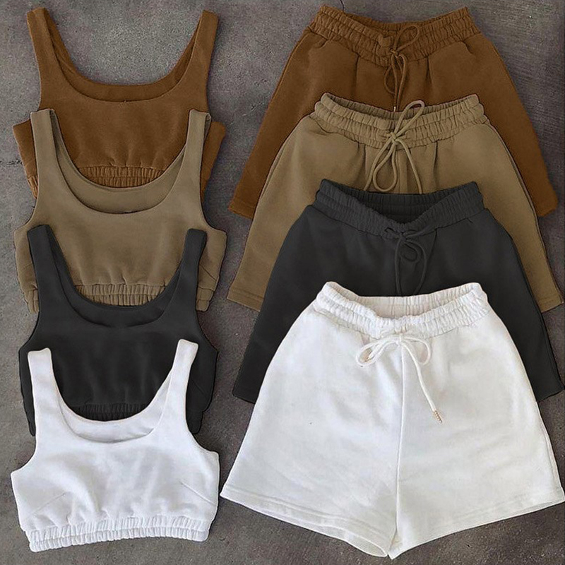 Conjunto de Tops cortos y pantalones cortos con cordón, camiseta sin mangas Sexy con cuello en U para Fitness, pantalones cortos de motociclista athleisure de verano, conjuntos de dos piezas, ropa de calle para mujer