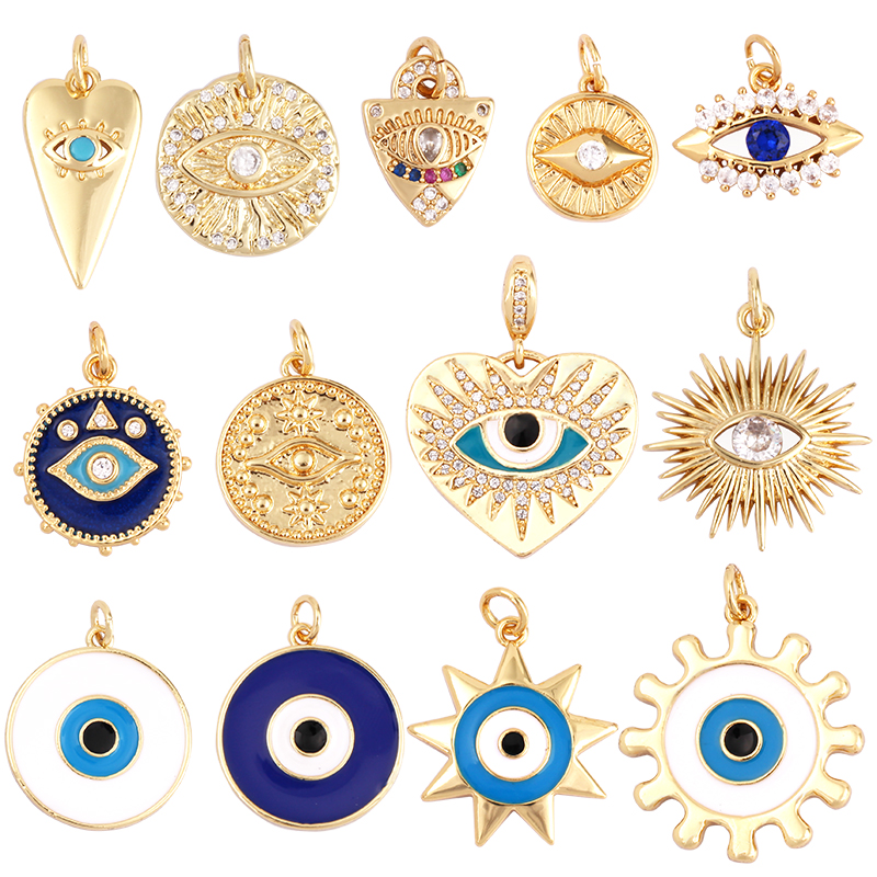 Wisiorek Evil Eye Charm, 18-karatowa pozłacana cyrkonia sześcienna CZ Paved Religours, biżuteria naszyjnik bransoletka akcesoria akcesoria K09