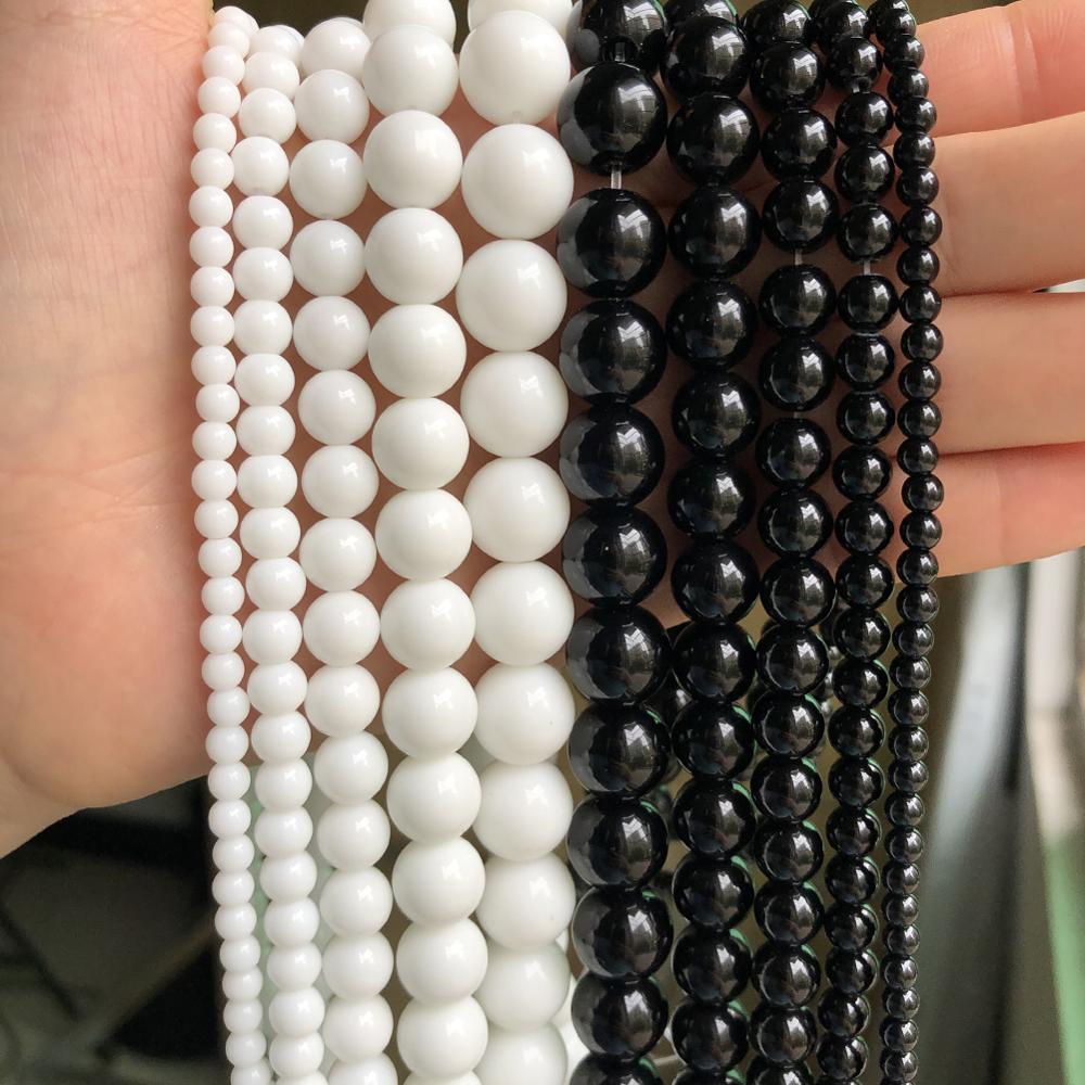 Großhandel Glas Stein schwarz weiß matt matt poliert Onyx Achate runde Perlen für Schmuck machen DIY Armband Charms 4-12mm 15"