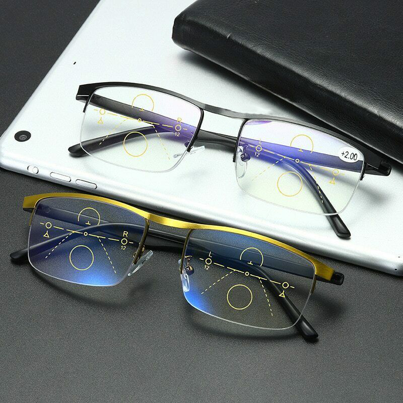 Gafas de lectura de enfoque automático de medio marco progresivo de Color inteligente alemán, antiluz azul, claramente para mujeres y hombres