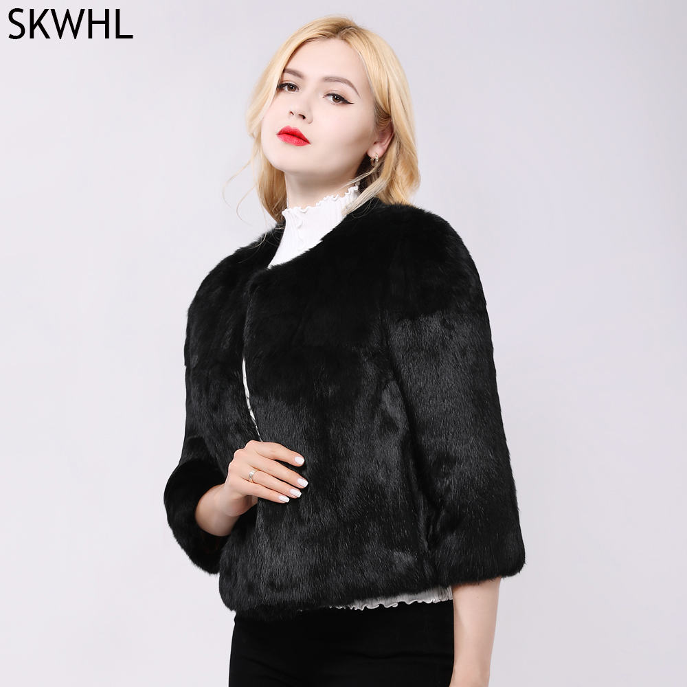 Gran oferta de marca, abrigo de piel auténtica de conejo para mujer, chaqueta de piel de conejo auténtica cálida para invierno, abrigo de piel de conejo auténtica de Color Natural