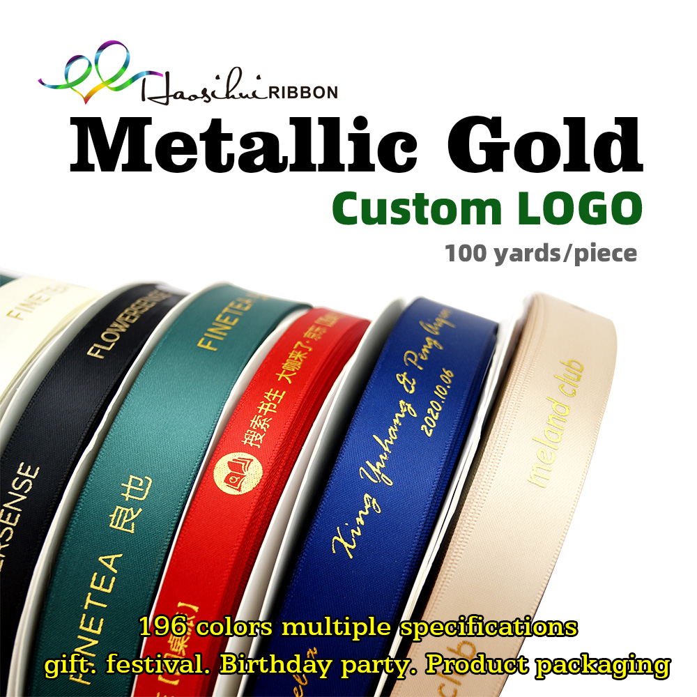 HAOSIHUI Cinta de Poliéster Satinado de 10mm-32mm con Logotipo Personalizado Estampado en Caliente para Envolver Regalos y Empaquetado, 100 Yardas/Lote