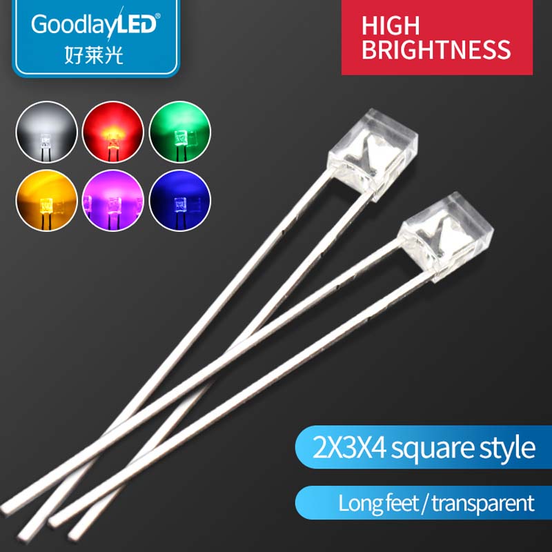 1000PCS 2x3x4 มม.โปร่งใสขายาวสีแดงสีเหลืองสีขาวสีเขียวสีฟ้า Light-Emitting Diode LED