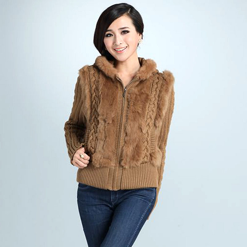 Abrigo de piel de conejo con cuello de piel de zorro Real para mujer, Chaqueta de punto de piel Real, prendas de vestir, abrigos con capucha de manga larga, cárdigans cálidos, Moda de Primavera