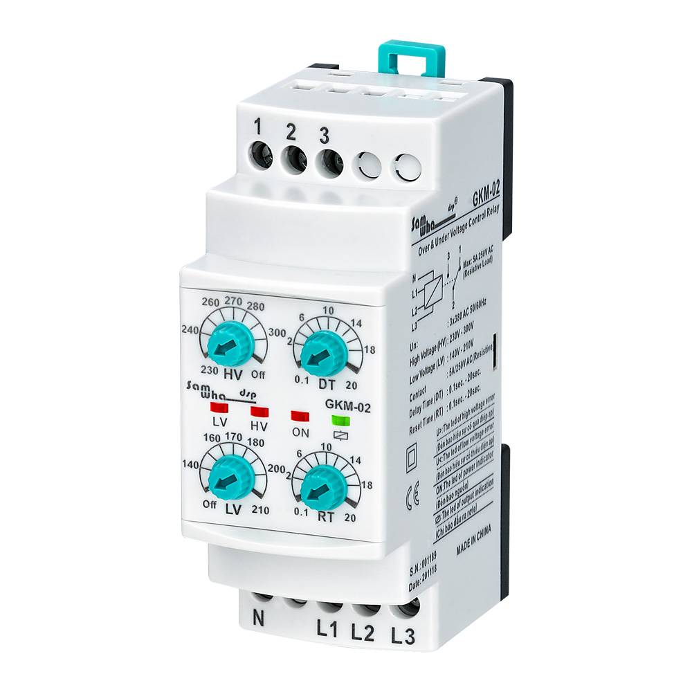 Samwha-Dsp GKM-02, relé de bajo y sobretensión, 3 x 380VAC, neutro, trifásico