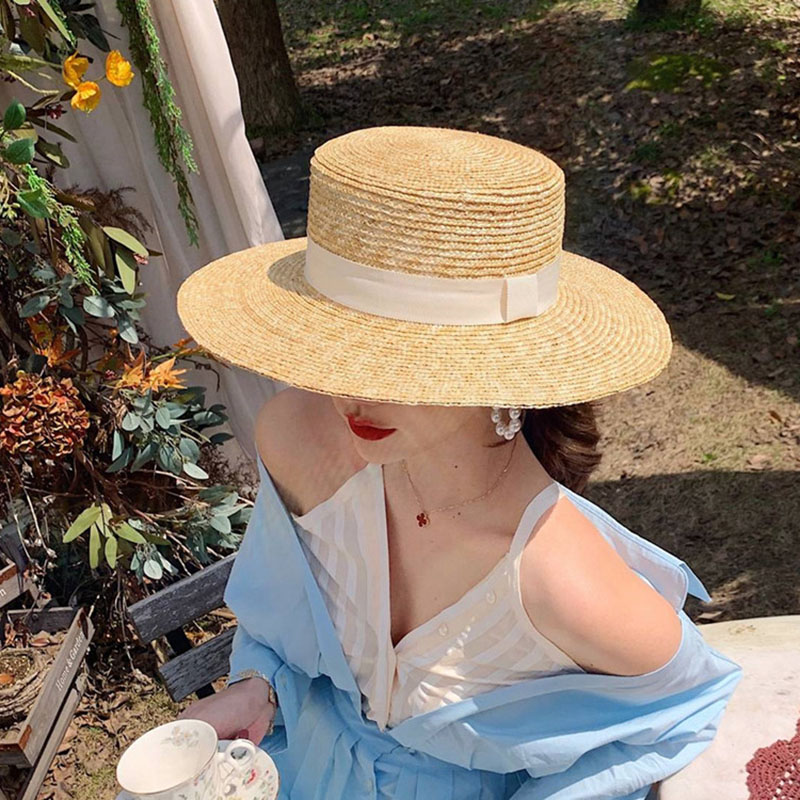 Verão feminino natural rígido trigo palha barco fedora topo chapéu plano feminino praia aba boné rafia chapéu de sol para mulher jazz panamá