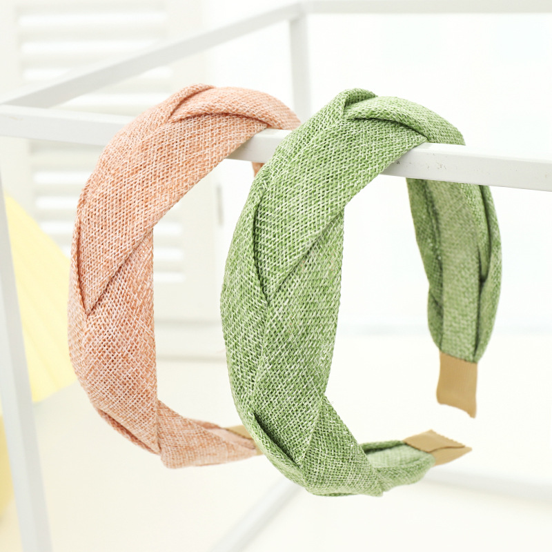 Zomer Nieuwe Hoofdband Temperament Breedgerande Dames Drukt Haar Hoofdband Eenvoudige Effen Kleur Stof Kruis Gevlochten Headhoop