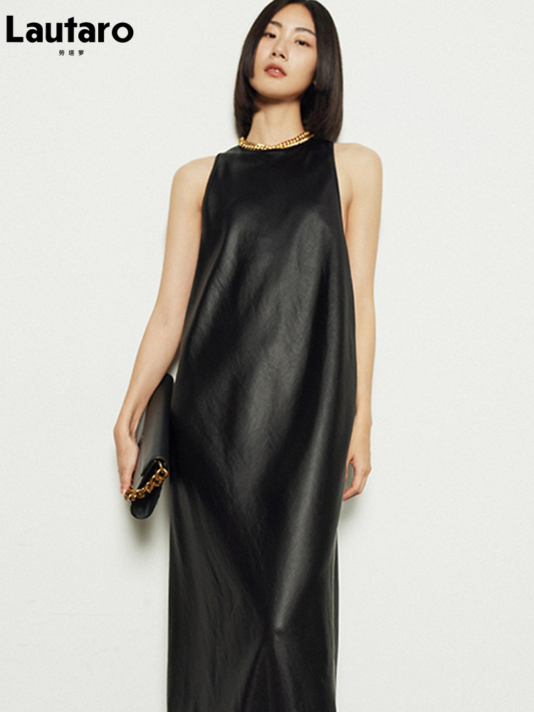 Lautaro ฤดูใบไม้ผลิยาวสีดำยาว Faux หนังชุดฤดูใบไม้ร่วง Elegant Backless Maxi ชุดสำหรับเสื้อผ้าผู้หญิง2021