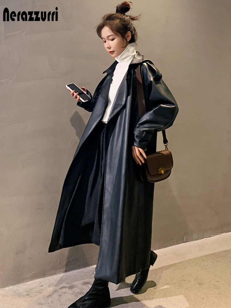 Nerazzurri primavera preto oversized longo à prova dtrench água de couro trench coat para as mulheres 2021 manga longa solta roupas moda coreana