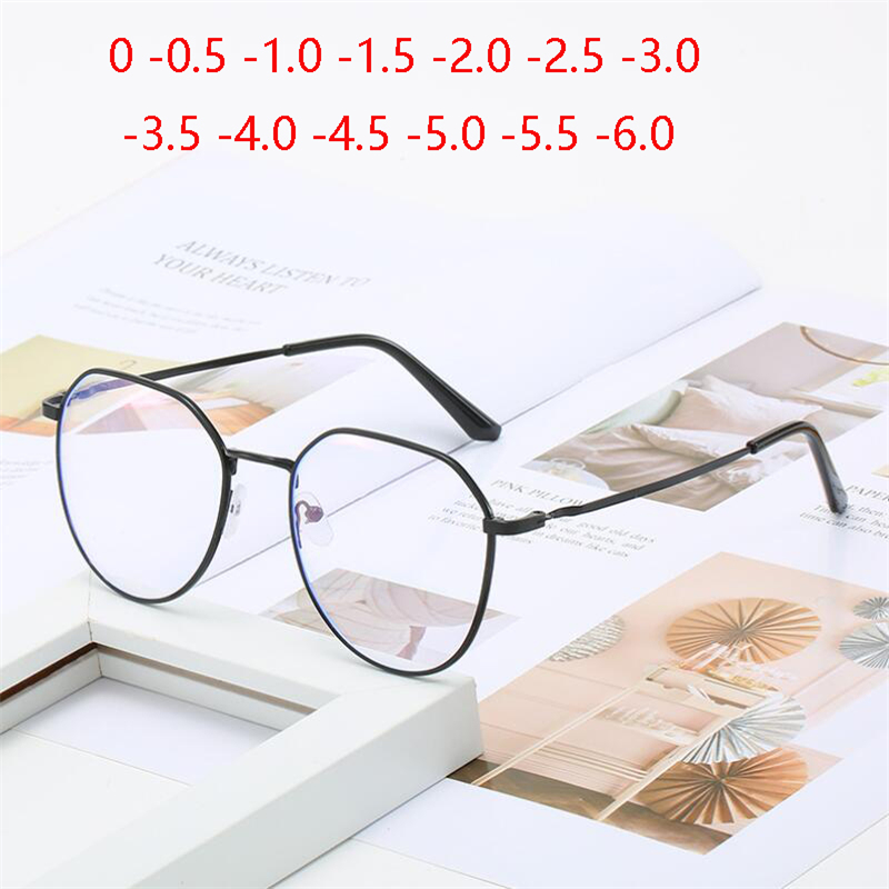 Anti-Blau-Strahlen-Polygon-Kursichtigkeitsbrille, Metall-Myopie-Linse, Katzenauge, photochrome verschreibungspflichtige Brillen, 0–0,5–1,0 bis–6