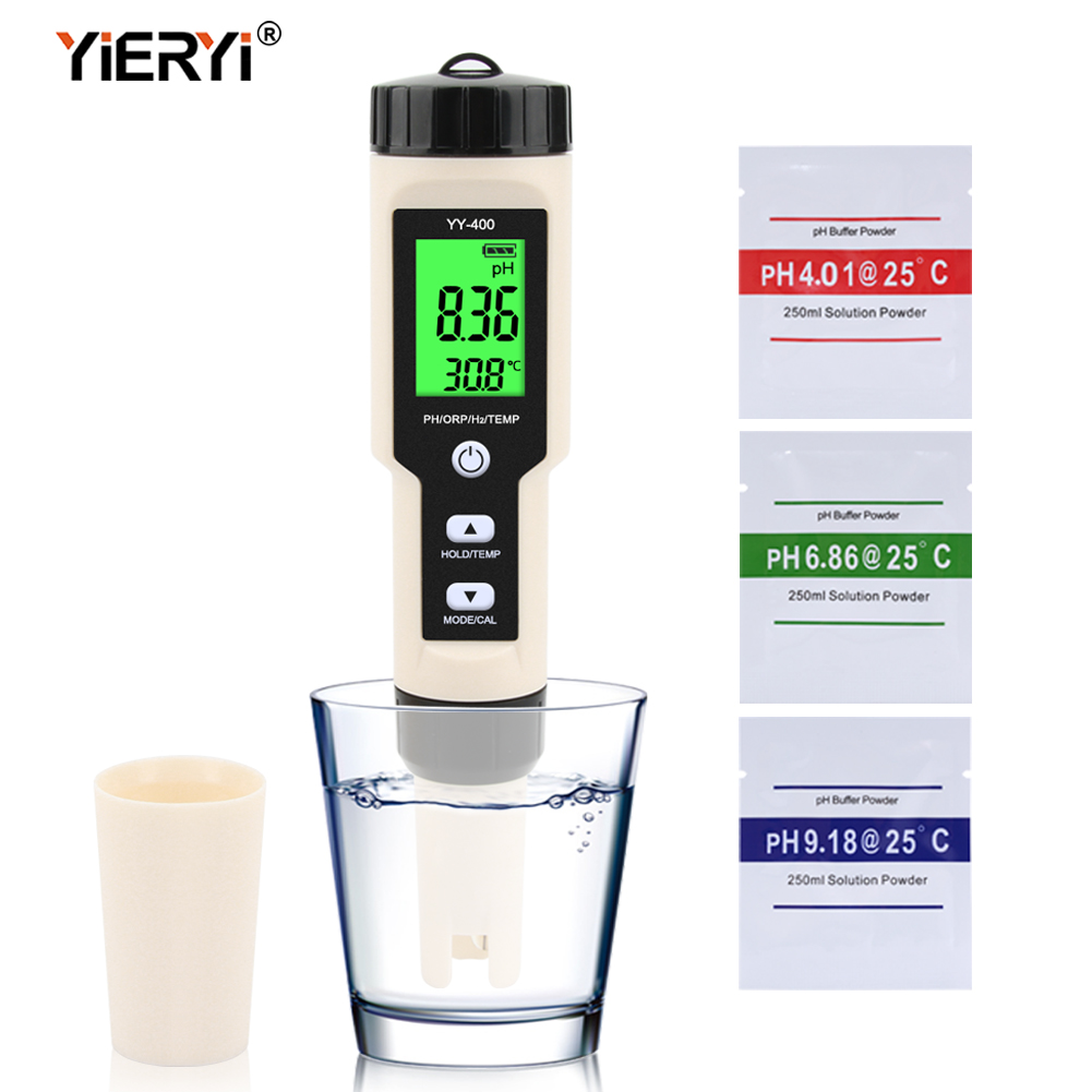 Yieryi 4 In 1 YY-400 PH/ORP/H2 & TEM Meter Digital Penguji Konsentrasi Ion Hidrogen untuk Akuarium, Kolam Renang, Air Minum