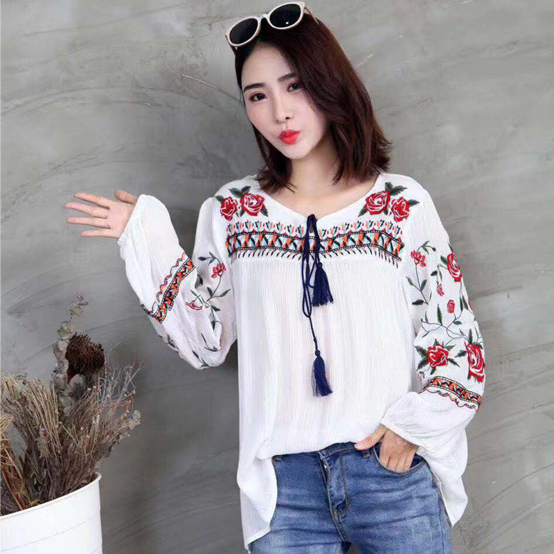 Chemisier brodé floral en viscose pour femmes, pull à manches longues, chemises, mode ethnique, col en V, printemps, automne, nouveau, Y