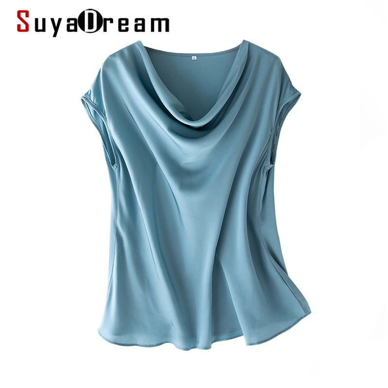 SuyaDream Women Silk Blouses Set 93%Silk 7%Spandex Solid Short Bat Sleeves Draped Collar Blouse Shirt 2022 Spring Summer Shirt