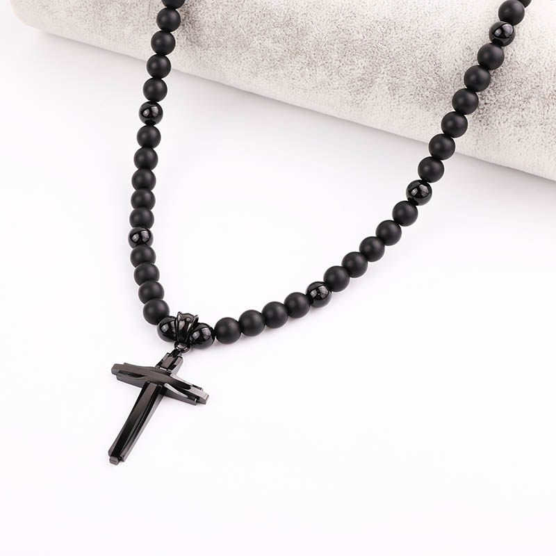 Kalung salib rosario untuk pria, Kalung mata harimau Matte Onyx 316L, manik-manik batu alami gaya Punk baru