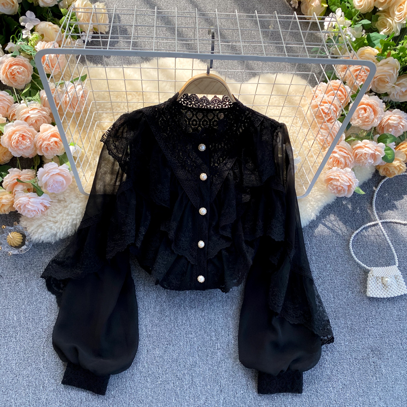 2022 Baru Kaus Musim Semi Padat Ruffles Renda Patchwork Elegan Wanita Blus Atasan Puff Lengan Single Breasted Blusas