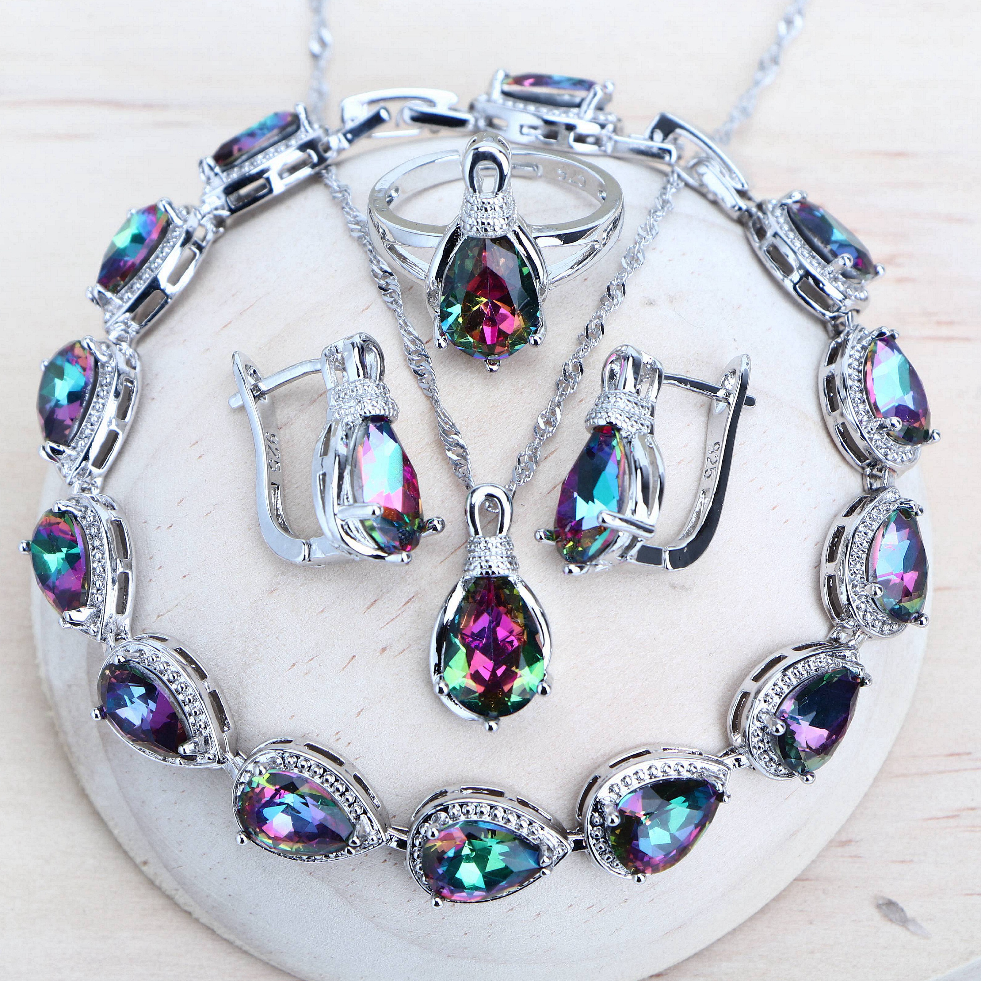 Perak 925 Wanita Bridal Perhiasan Set Pernikahan Perhiasan Kostum Rainbow Cubic Zirconia Anting-Anting Cincin Gelang Kalung Liontin