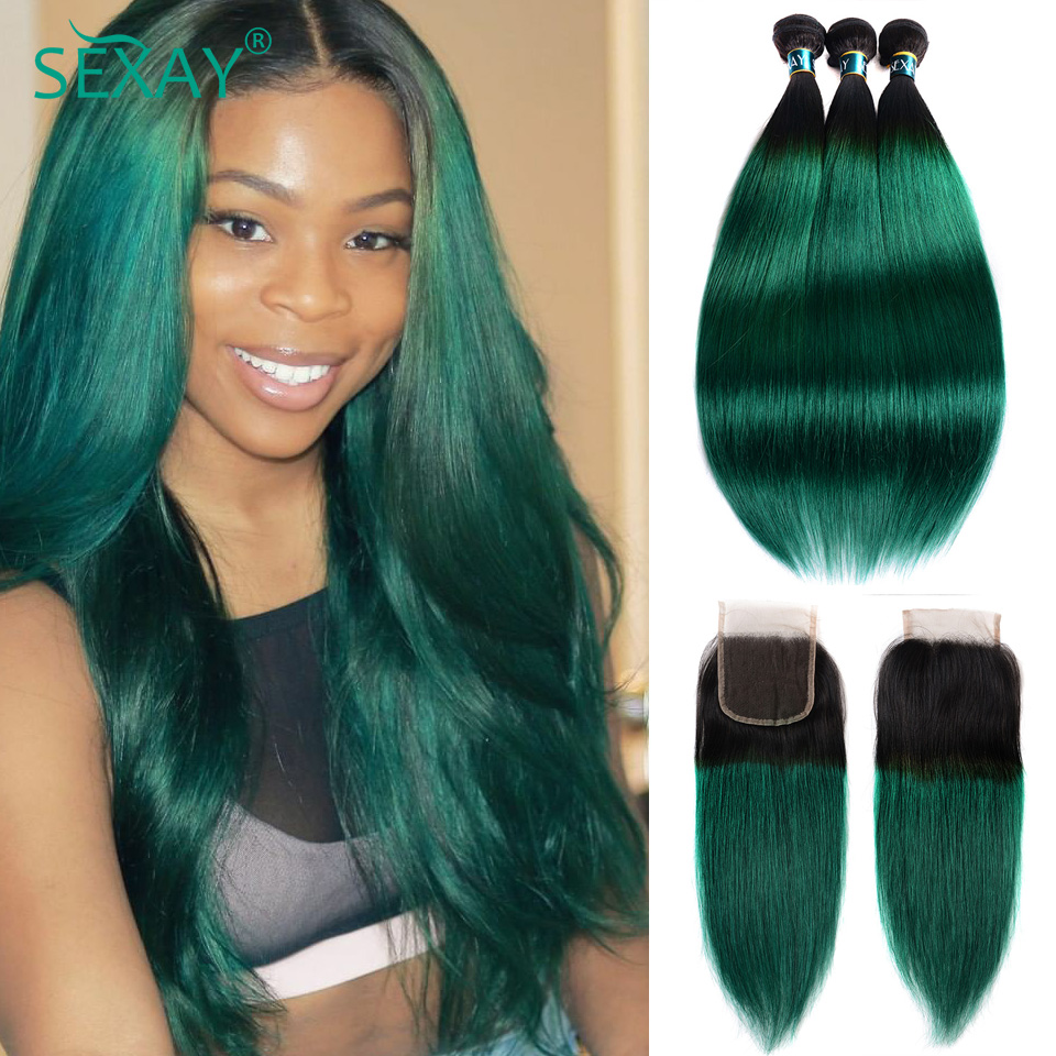 Sexay-mechones rectos turquesa con cierre, cabello humano brasileño verde degradado, tejido, 4x4, cierre de encaje, parte media