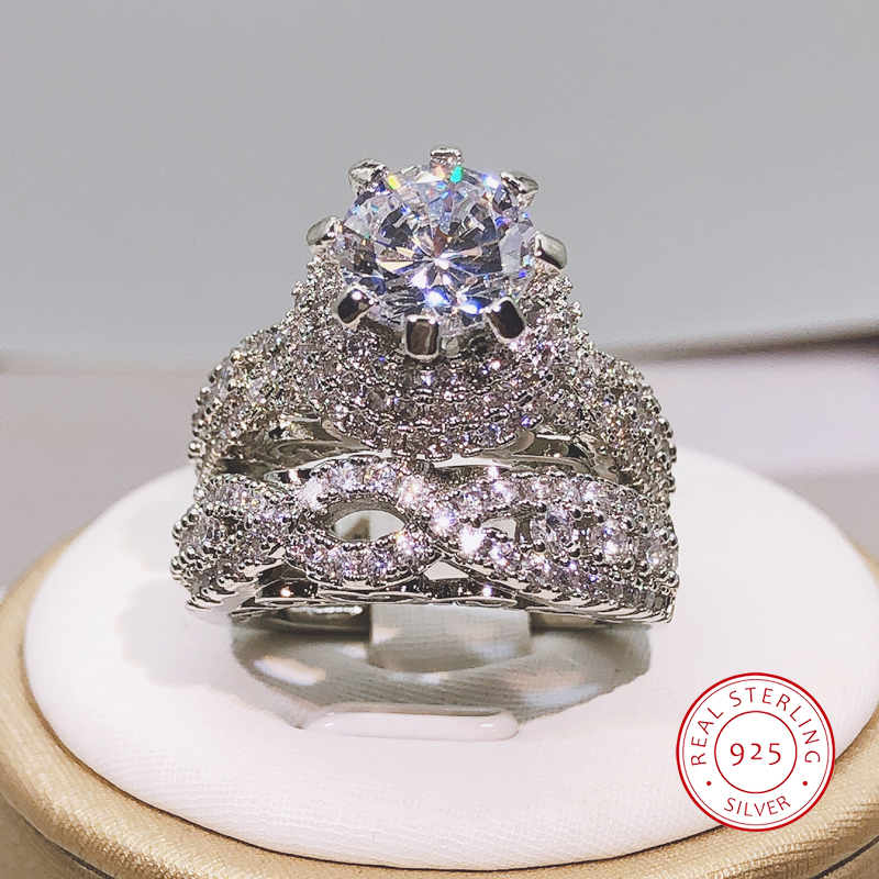 925 prata na moda milangirl anel redondo de cristal branco 2 peças conjunto para mulheres meninas festa de noivado de casamento moda jóias