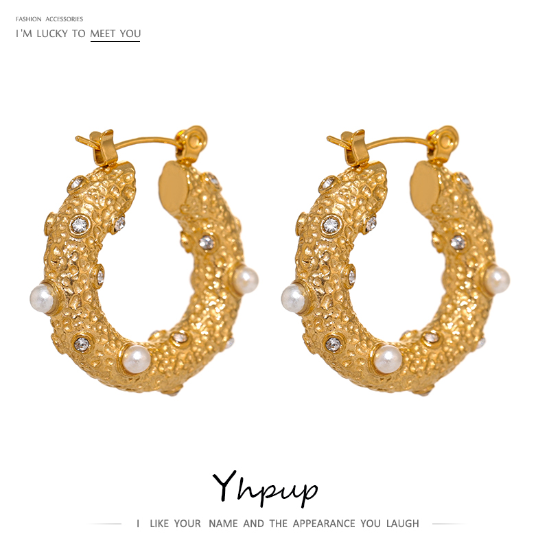 Yhpup Edelstahl Goldene Runde Hoop Ohrringe Schmuck Mode Casting Metall Zirkon Huggie Ohrringe Party серьги тренд Geschenk
