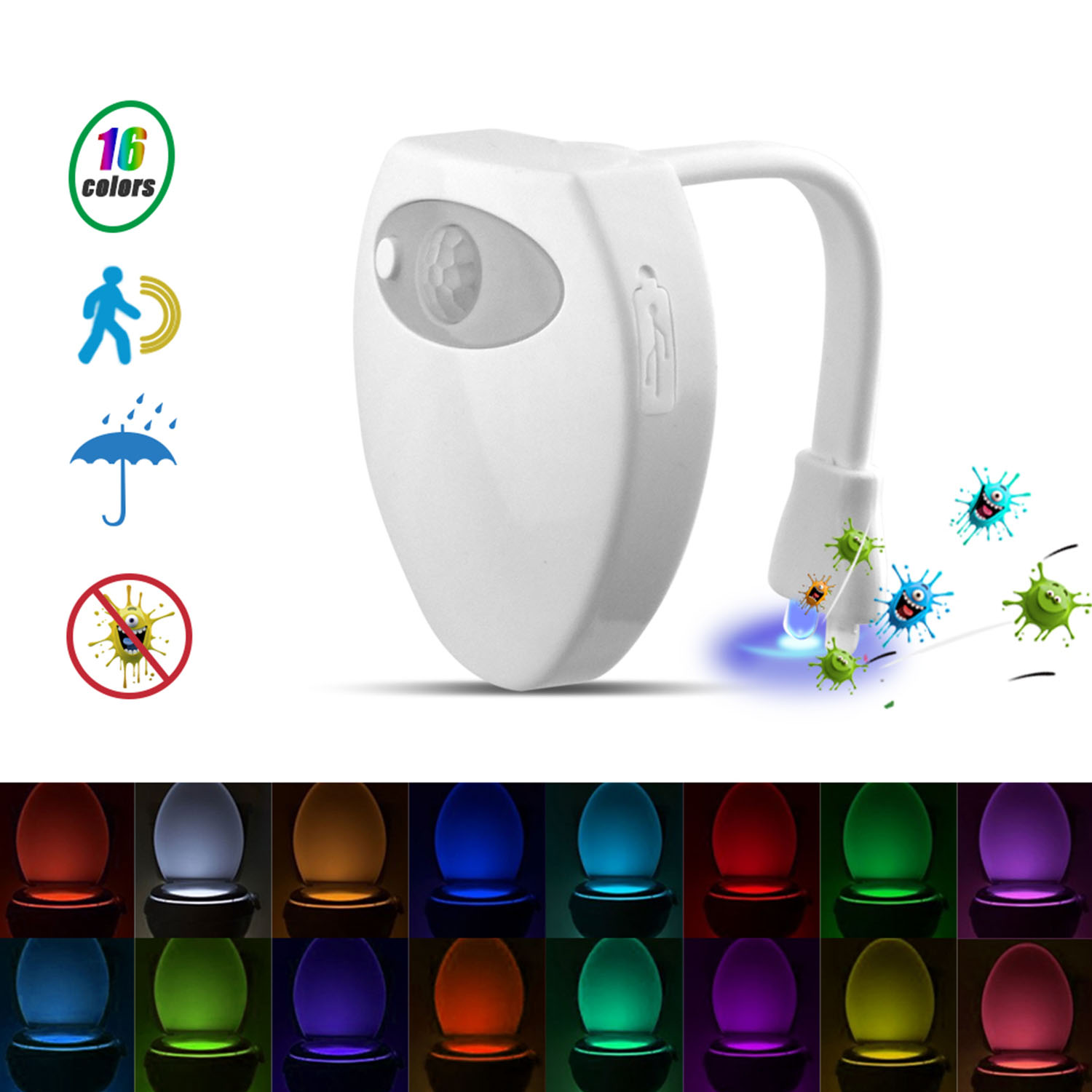 Sensor de movimento com mudança de 16 cores, luz noturna para banheiro, recarregável por USB, à prova d'água, lâmpada noturna com função de esterilizador UV
