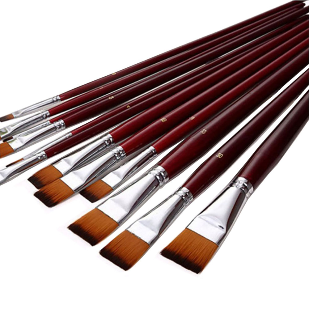 Pincel de aceite de pico plano de pelo de nailon de dos colores, 12 Uds., juegos de pinceles, pincel de pintura artístico de color agua, suministros educativos escolares