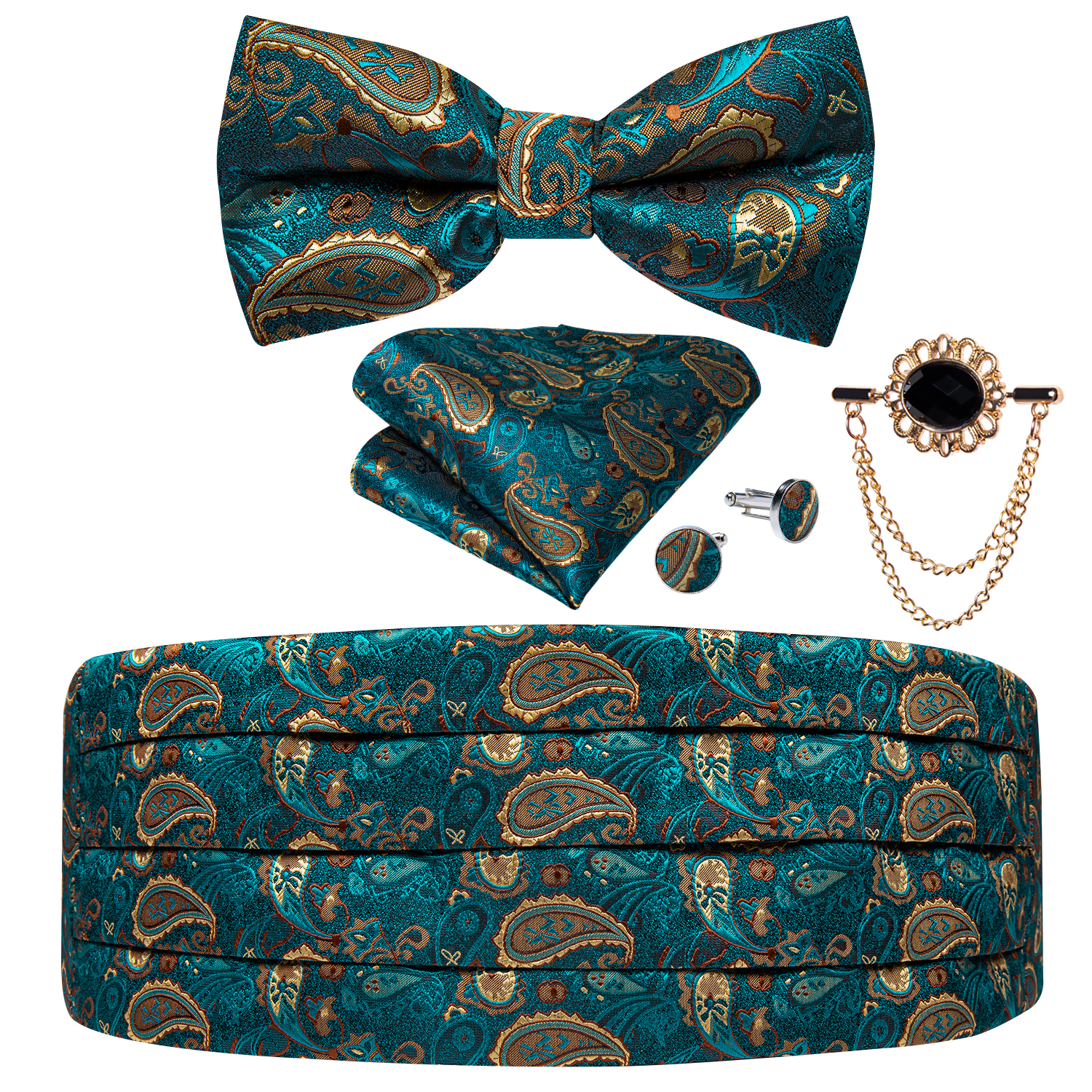 Sarcelle Paisley hommes smoking Cummerbund soie noeud papillon ensemble homme robe de mariée taille ceinture élastique pour hommes smoking large ceinture DiBanGu