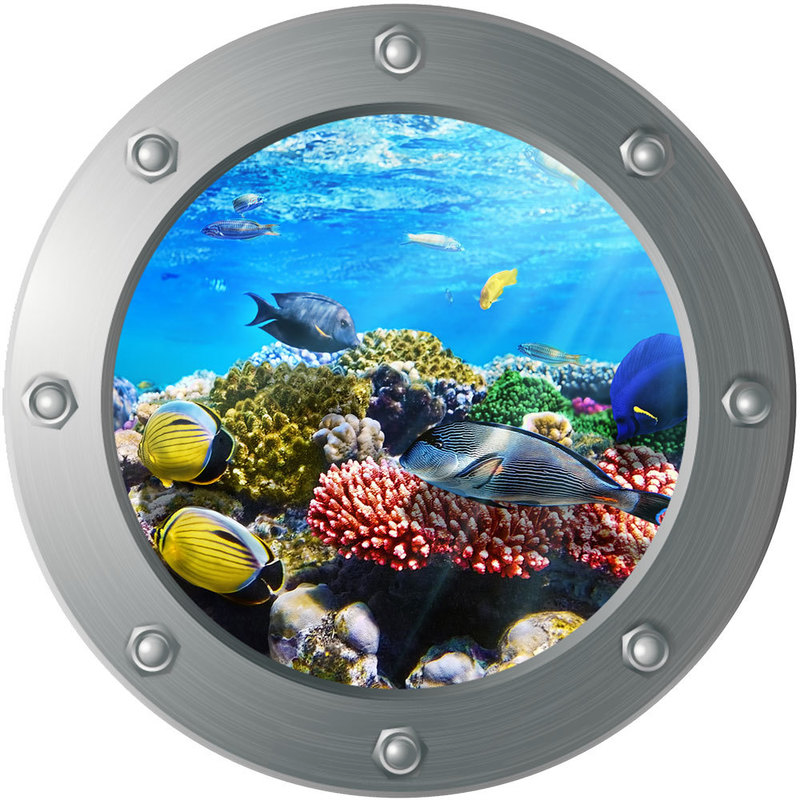 3D Porthole ภายใต้สติ๊กเกอร์ Sea ทะเลสัตว์สติ๊กเกอร์ติดผนังห้องเด็กตกแต่งบ้านสติกเกอร์ Faux Submarine ภาพจิตรกรรมฝาผนังผนัง