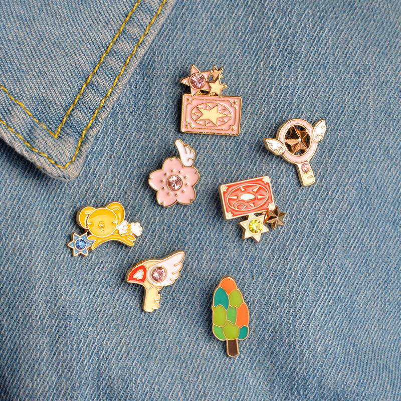 6 pçs/set Bonito Rosa Cartão Captor Sakura Kero Espada Kinomoto Estrela Varinha Chave Esmalte Pin Lapela Pin Crachá Coleção de Anime Japonês