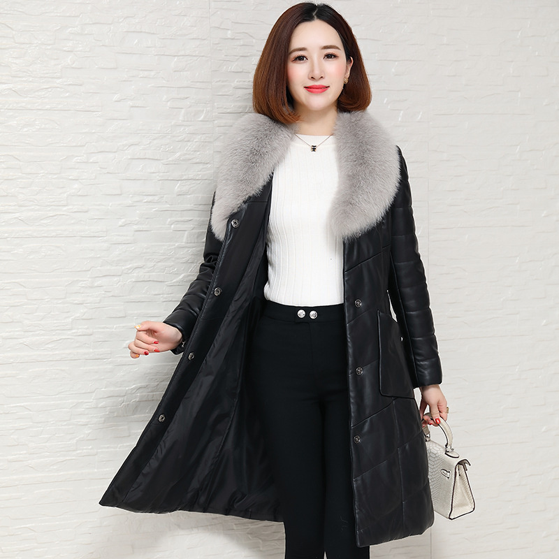 女性のためのエレガントな本革のジャケット,厚いシープスキンの冬服,キツネの毛皮の襟,オーバーコート,ランウェイベルト,ロングコート,100%