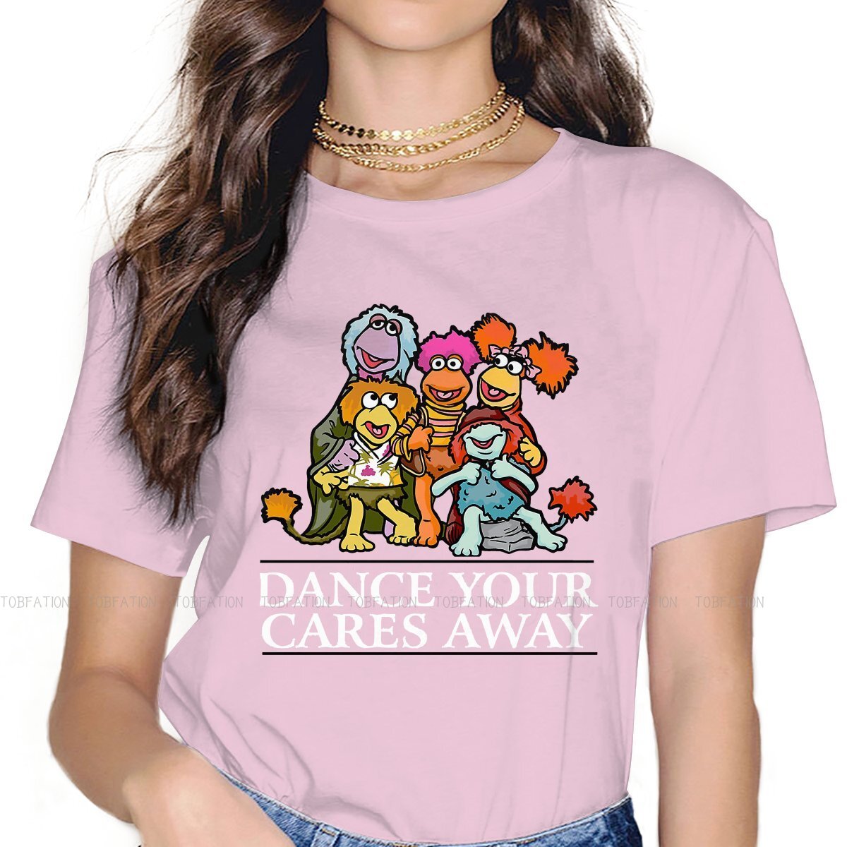 Tańcz swoją troskę z dala Kawaii dla dziewcząt damska koszulka Fraggle Rock 5XL Blusas Harajuku na co dzień z krótkim rękawem w stylu Vintage swetry typu oversize